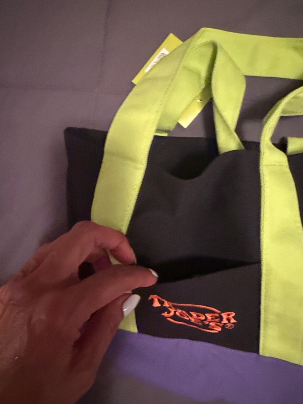 Trader Joe’s Black Canvas Tote Bag with Yellow Handles and Purple Base w double - Picture 2 of 5